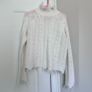 Poof! Cream Cable Knit Distressed Turtleneck/Mockneck Sweater